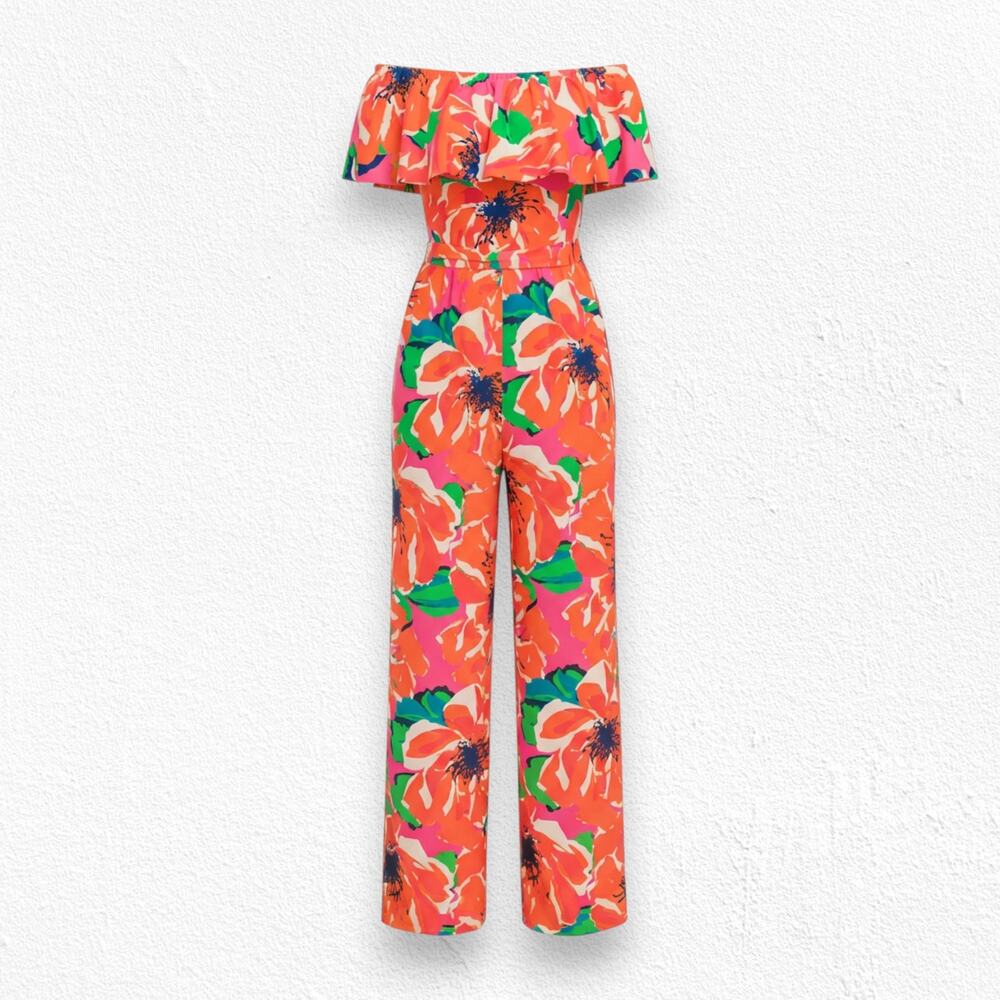 Trina Turk Orange Multicolor Off-Shoulder Floral Wide-Leg Jumpsuit Size Medium